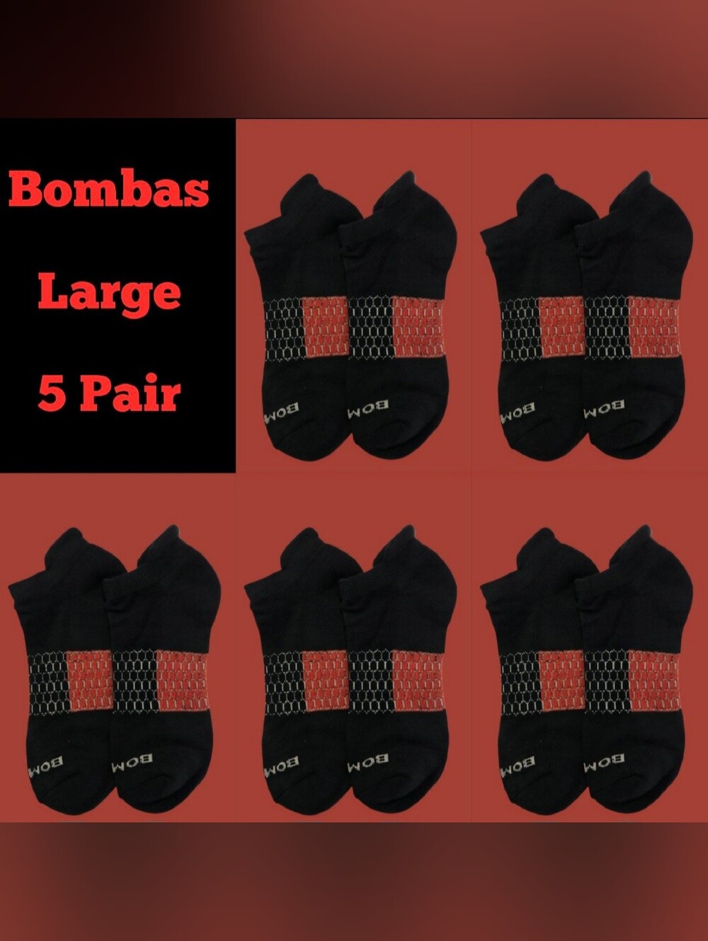 Bombas Large Ankle Socks Black & Red 5 Pair BNWT Unisex Honeycomb Arch Support